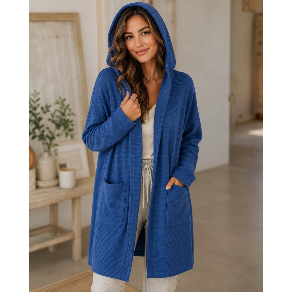 Yest Long Soft Girl Cardigan Hooded Pockets Blue Casual Loungewear Chic Size 12